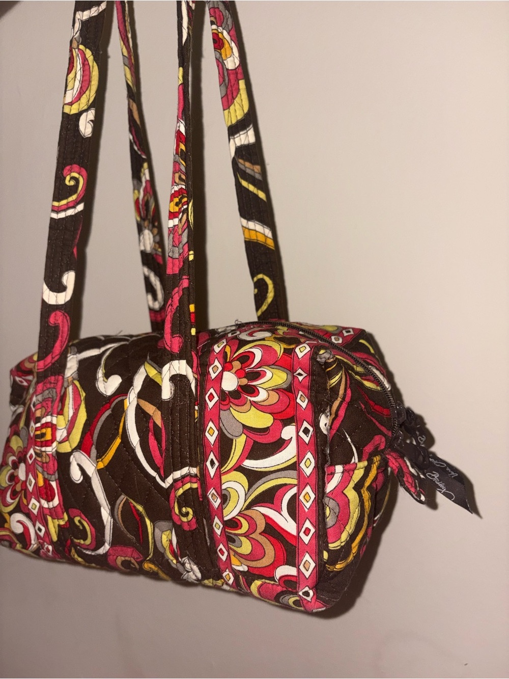 Vera Bradley Brown Quilted Barrel Bag with Pink and Yellow Floral Print
